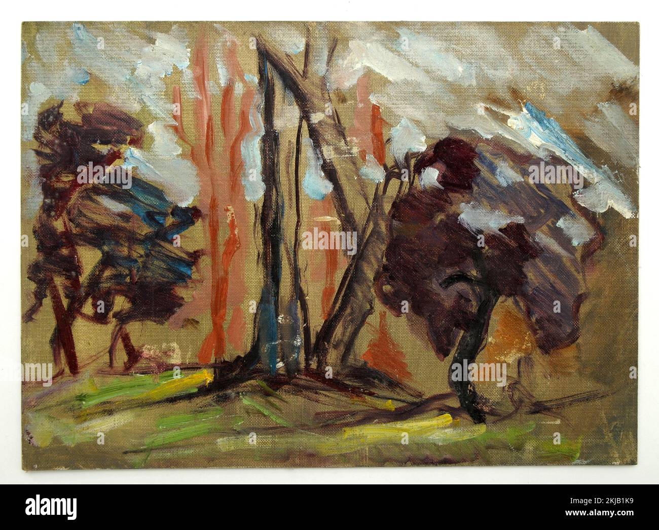 pittura ad olio di paesaggio con alberi tela su tablex, particolare di alberi dipinti ad olio, olio, artistico, arte, tema rurale, paese, pittura, Foto Stock