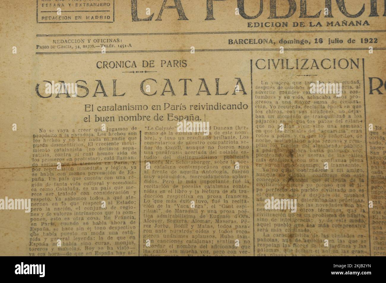 Giornale clipping 1922 Barcellona, Catalogna, Parigi Foto Stock