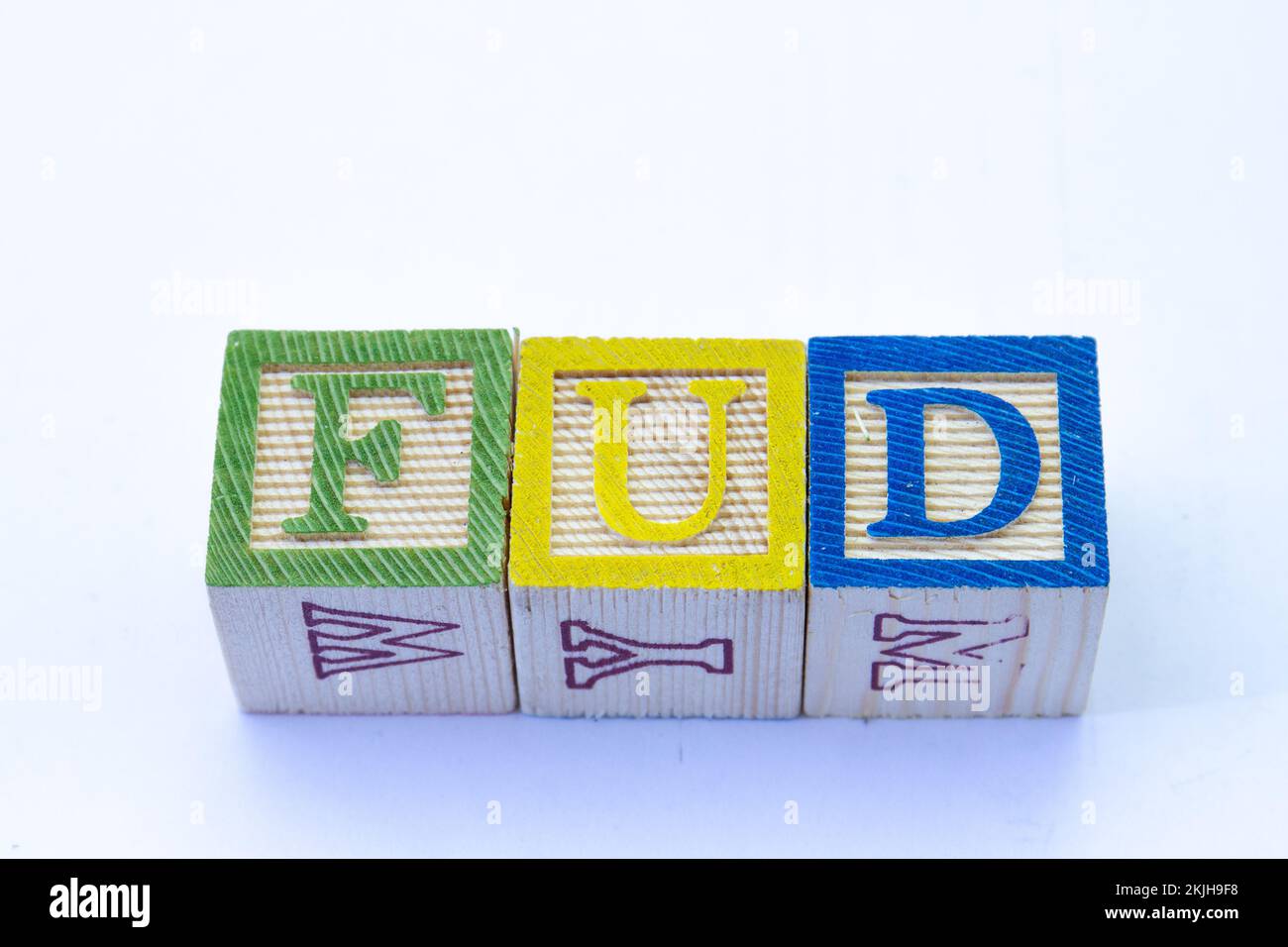 Il termine FUD viene visualizzato visivamente su uno sfondo chiaro con spazio di copia Foto Stock