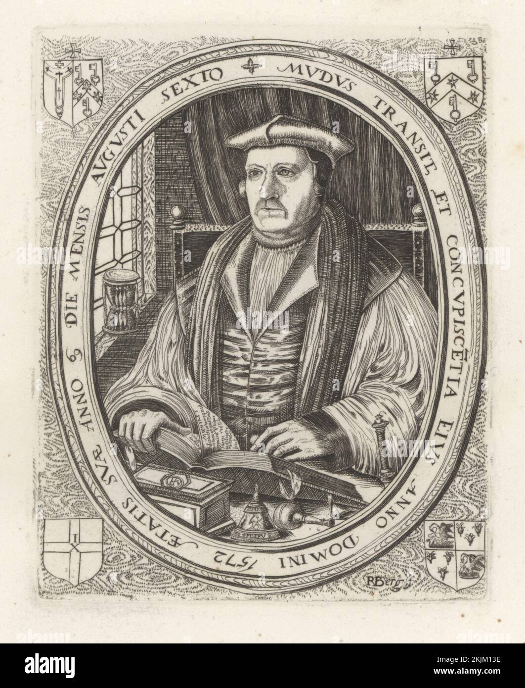 Matthew Parker, vescovo inglese, 1504-1575. Arcivescovo di Canterbury nella Chiesa d'Inghilterra dal 1559 fino alla sua morte nel 1575. Parker, Arcivescovo di Canterbury. Da una rara stampa di Remigius Hogenberg. Augusti sexto Mudus Transit et Concupiscetita eius, ad 1572 Aetatis 69 Die mensis. Incisione di copperplate dalla Galleria di Rare ritratti di Samuel Woodburn composta da lastre originali, George Jones, 102 St Martin’s Lane, Londra, 1816. Foto Stock