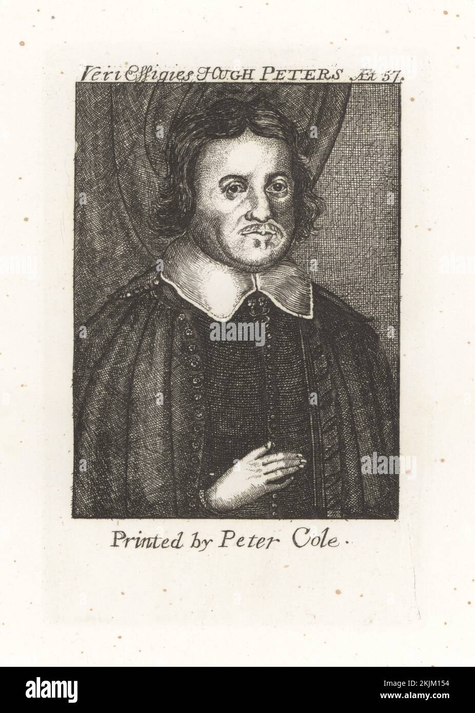 Hugh Peter, predicatore inglese, consigliere politico e soldato, 1598-1660. Ha sostenuto la causa parlamentare durante la guerra civile inglese. Veri Effigies Hugh Peters aet. 57. Stampato da Peter Cole. Incisione di copperplate dalla Galleria di Rare ritratti di Samuel Woodburn composta da lastre originali, George Jones, 102 St Martin’s Lane, Londra, 1816. Foto Stock