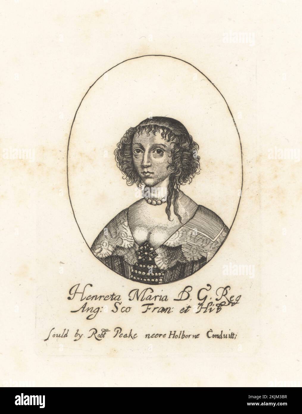 Henrietta Maria, Regina d'Inghilterra, Scozia e Irlanda dal suo matrimonio con re Carlo i, 1609-1669. Con capelli ricci, collana perla, colletto largo in pizzo, corpetto gioiellato. Henrietta Maria, regina del re Carlo I. Henreta Maria DG Reg Ang SCO Fran et Hib. Dal set di Re di William Faithorne, venduto da Robert Peake vicino a Holborne Conduitt. Incisione di copperplate dalla Galleria di Rare ritratti di Samuel Woodburn composta da lastre originali, George Jones, 102 St Martin’s Lane, Londra, 1816. Foto Stock