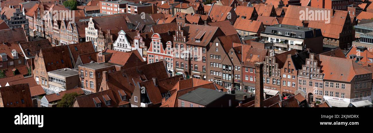 Vista delle storiche case a tetto dall'ex torre dell'acqua Am Sande, Città Vecchia, Lüneburg, bassa Sassonia, Germania, Europa Foto Stock