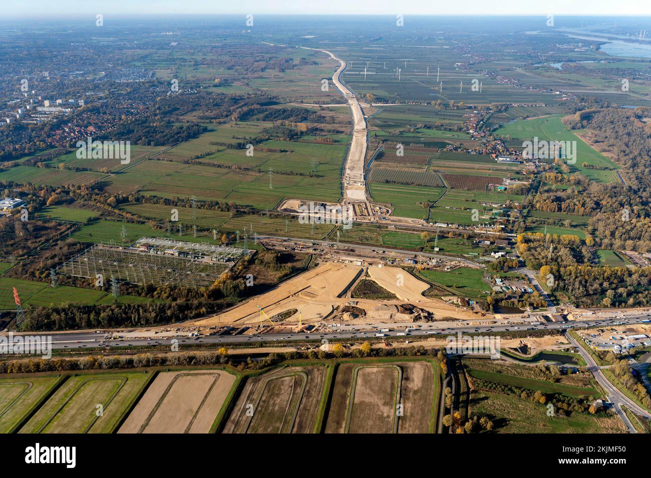 Vista aerea del cantiere autostradale A26, A7, AK, BAB, svincolo autostradale di Süderelbe, Hafenpassage, bassa Sassonia, Amburgo, Germania, Europa Foto Stock