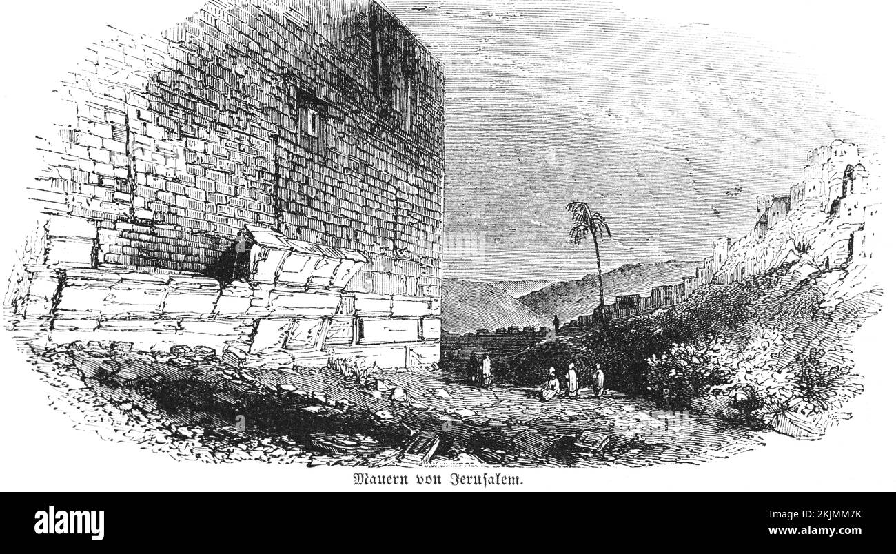 Muri di Gerusalemme, muro di città, paesaggio, montagne, città, Persone, bibbia, Antico Testamento, secondo Libro delle Cronache, illustrazione storica intorno al 185 Foto Stock