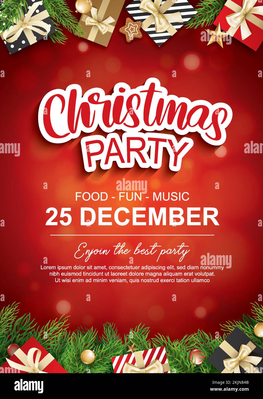 Allegro festa di natale con palla di vetro e giftbox per opuscolo opuscolo sfondo invito concetto tema. Buon Natale banner e biglietto templ Illustrazione Vettoriale