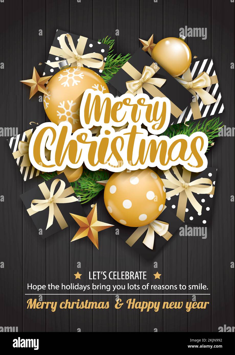 Buon natale con palla di vetro e giftbox per opuscolo opuscolo sfondo invito concetto tema. Buon banner e modello di biglietto di auguri per le feste. Illustrazione Vettoriale