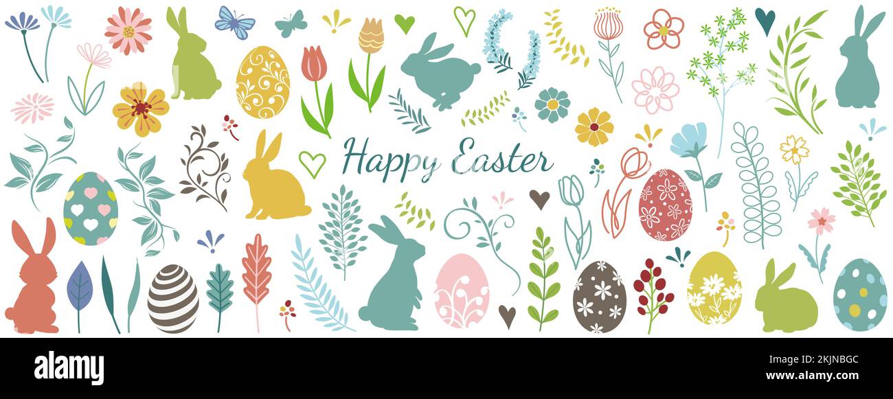 Easter Design Element Vector Illustration Set isolato su sfondo bianco. Illustrazione Vettoriale