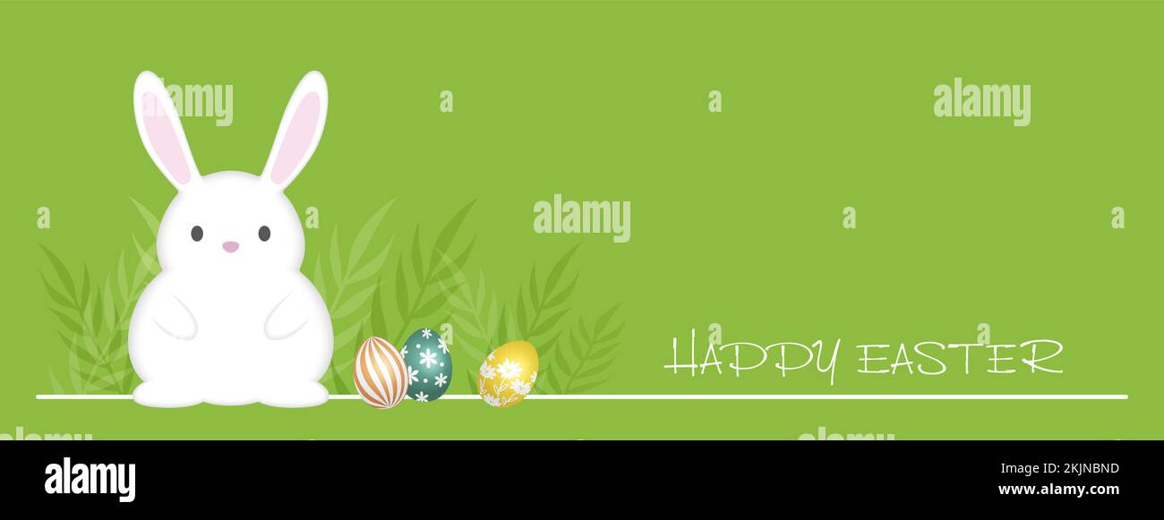 Pasqua sfondo Vector Illustration con un coniglietto di Pasqua, uova colorate, e testo spazio isolato su uno sfondo verde. Illustrazione Vettoriale