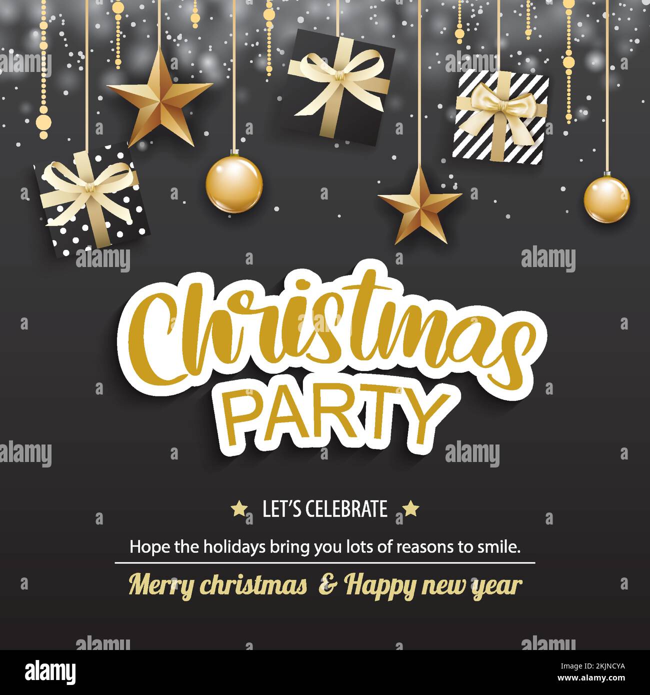 Allegro festa di natale con palla di vetro e giftbox per opuscolo opuscolo sfondo invito concetto tema. Buon Natale banner e biglietto templ Illustrazione Vettoriale