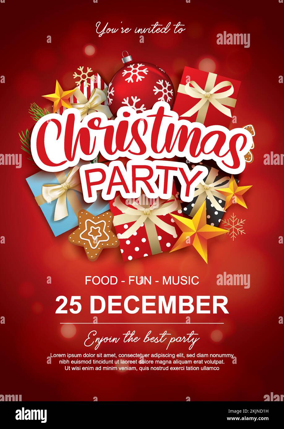 Allegro festa di natale con palla di vetro e giftbox per opuscolo opuscolo sfondo invito concetto tema. Buon Natale banner e biglietto templ Illustrazione Vettoriale
