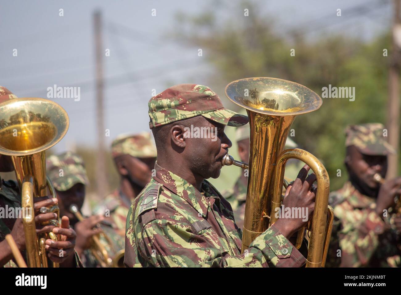 Banda militare con tububbisti che suonano enormi tubule Foto Stock