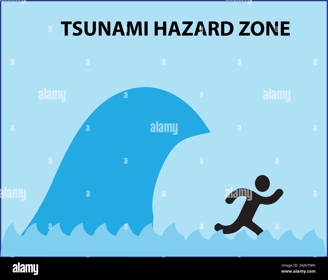 Cartello zona di pericolo tsunami con grande onda e una persona che corre Illustrazione Vettoriale