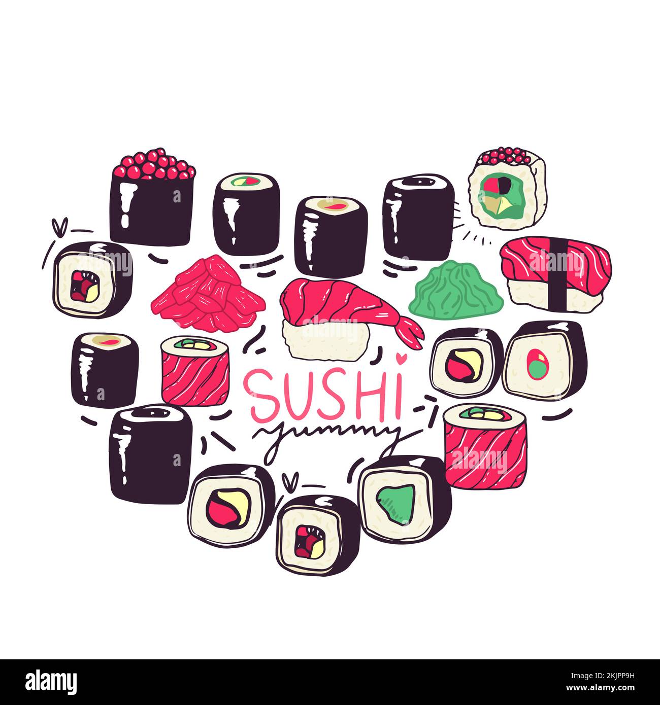 Sushi impostato su bianco. isolato su bianco a forma di cuore. Illustrazione Vettoriale