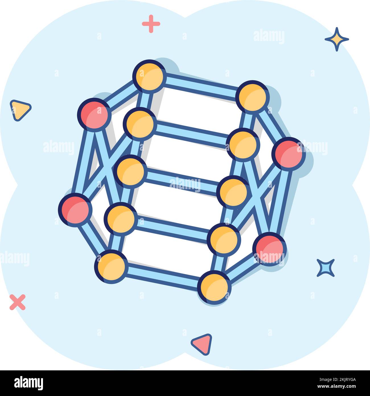 Icona DNA Molecule in stile comico. Illustrazione del vettore cartoon Atom su sfondo bianco isolato. Molecular spiral splash effect Sign business concept. Illustrazione Vettoriale