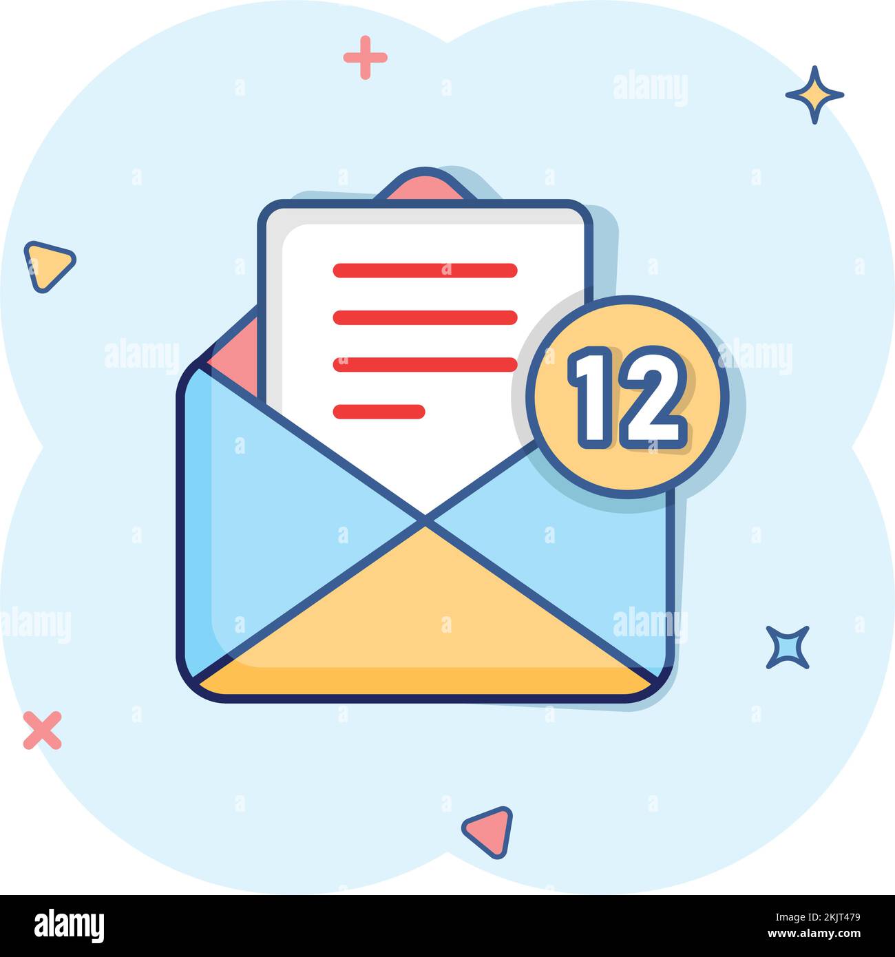 Icona dei nuovi messaggi in arrivo in stile fumetto. Busta con illustrazione vettoriale del cartoon di notifica su sfondo isolato. E-mail sign business concept Illustrazione Vettoriale