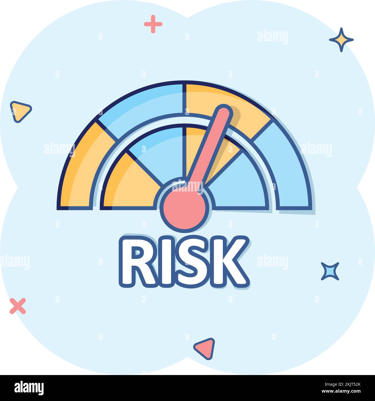 Icona del Risk Meter in stile fumetto. Illustrazione del vettore cartoon indicatore di valutazione su sfondo isolato bianco. Indicatore di livello carburante effetto spruzzi conc. Business Illustrazione Vettoriale