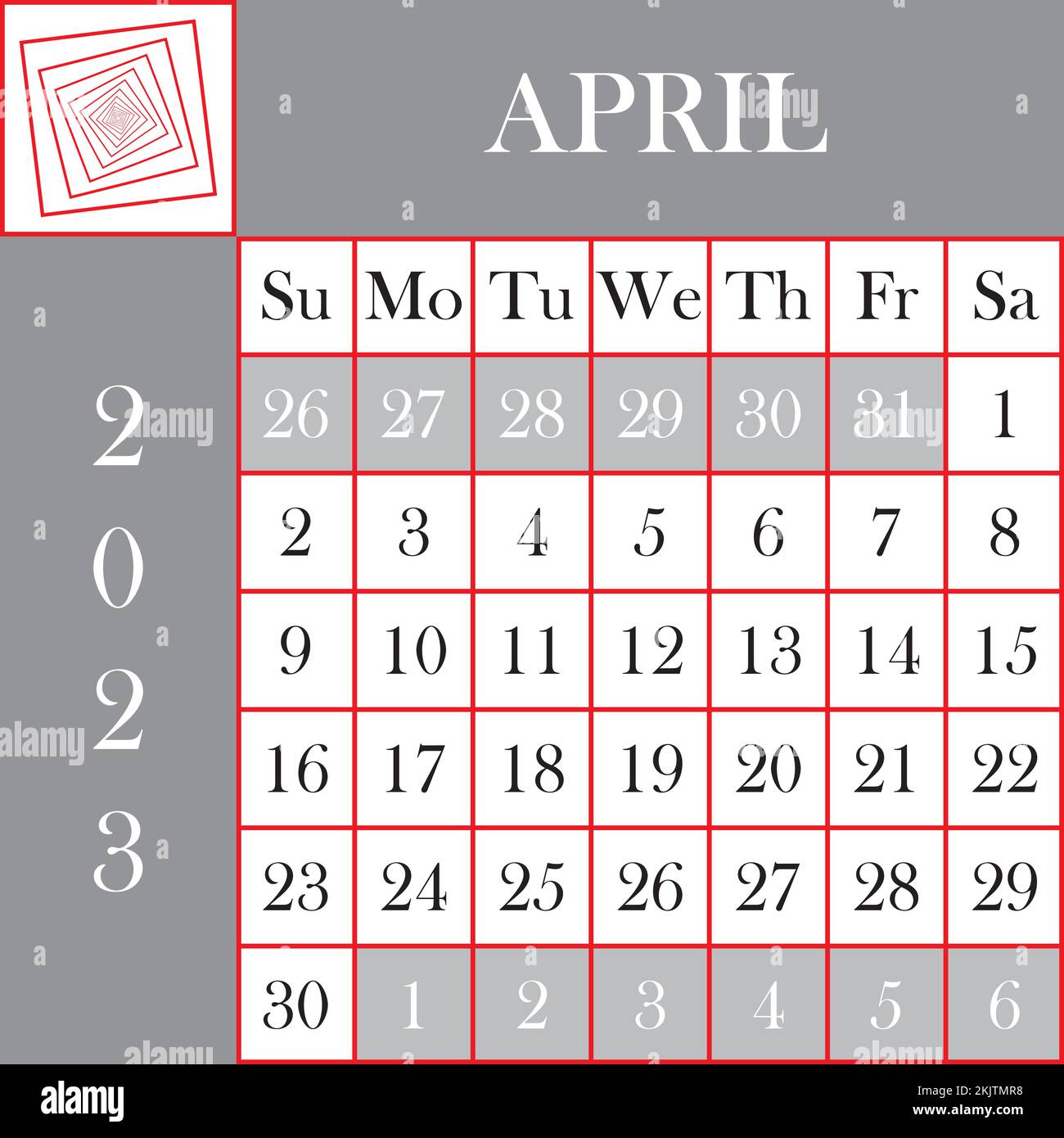 Formato quadrato 2023 Calendario APRILE grigio sfondo bianco taglio designer Illustrazione Vettoriale