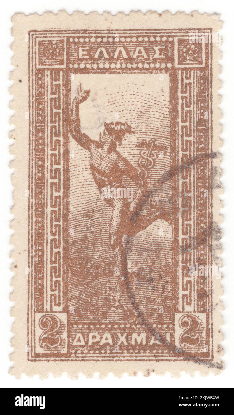 GRECIA - 1901: Un francobollo in bronzo da 2 dracme raffigurante 'Flying Hermes'. Statua dello scultore del 16th ° secolo, Jean Boulogne, o Giovanni da Bologna o, Giambologna. Hermes era divinità olimpica nell'antica religione greca e mitologia. Membro delle dodici Olimpiadi. Hermes è considerato l'araldo degli dei. È anche considerato il protettore di araldi umani, viaggiatori, ladri, mercanti e oratori. Egli è in grado di muoversi rapidamente e liberamente tra i mondi del mortale e del divino, aiutato dai suoi sandali alati Foto Stock