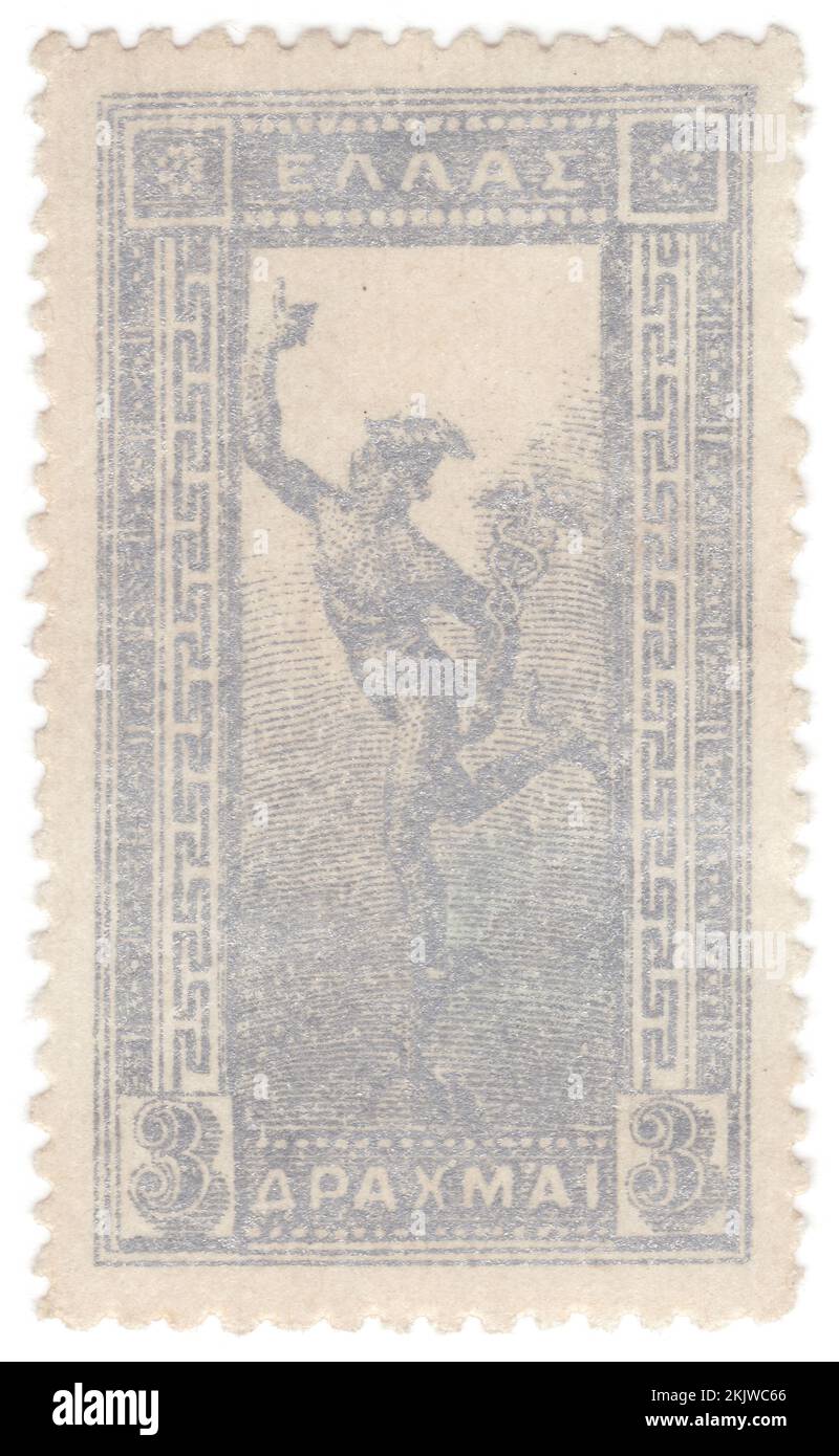 GRECIA - 1901: Un francobollo d'argento da 3 dracme raffigurante 'Flying Hermes'. Statua dello scultore del 16th ° secolo, Jean Boulogne, o Giovanni da Bologna o, Giambologna. Hermes era divinità olimpica nell'antica religione greca e mitologia. Membro delle dodici Olimpiadi. Hermes è considerato l'araldo degli dei. È anche considerato il protettore di araldi umani, viaggiatori, ladri, mercanti e oratori. Egli è in grado di muoversi rapidamente e liberamente tra i mondi del mortale e del divino, aiutato dai suoi sandali alati Foto Stock