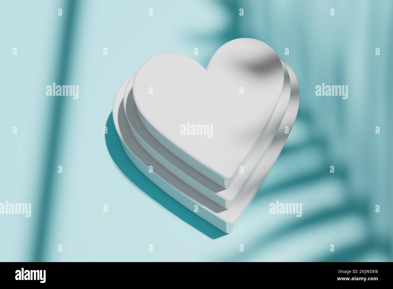 Cuori bianchi al tramonto su sfondo blu resa 3D. Foto Stock