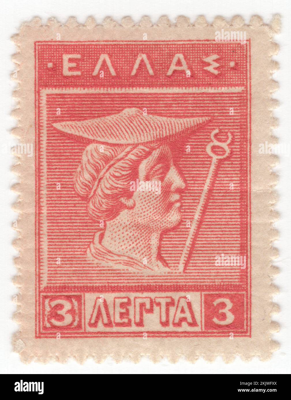 GRECIA - 1911: Un francobollo lepta vermilion del 3 raffigurante Hermes, dal vecchio cretese. I disegni sono da Cretan e monete di Arcadian del 4th ° secolo, a.C., divinità olimpica nella religione greca antica e mitologia. Membro delle dodici Olimpiadi. Hermes è considerato l'araldo degli dei. È anche considerato il protettore di araldi umani, viaggiatori, ladri, mercanti e oratori. Egli è in grado di muoversi rapidamente e liberamente tra i mondi del mortale e del divino, aiutato dai suoi sandali alati. Hermes gioca il ruolo dello psychopomp o "guida allo spirito", un direttore d'anime nell'aldilà Foto Stock