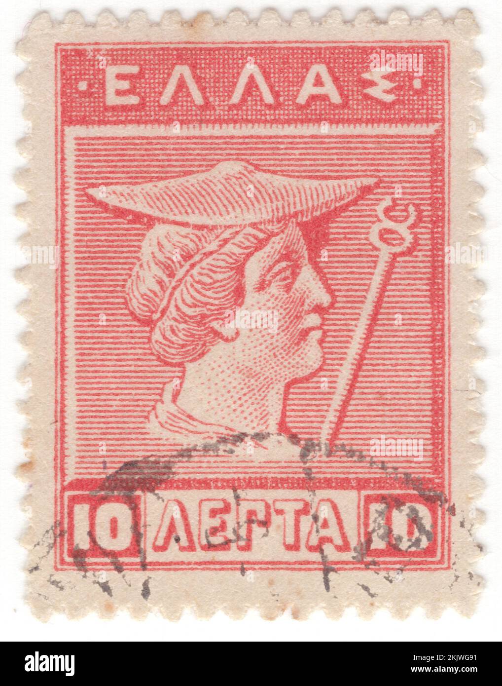 GRECIA - 1911: Un francobollo da 10 leptas carminio di rosa raffigurante Hermes, dal vecchio cretese. I disegni sono da Cretan e monete di Arcadian del 4th ° secolo, a.C., divinità olimpica nella religione greca antica e mitologia. Membro delle dodici Olimpiadi. Hermes è considerato l'araldo degli dei. È anche considerato il protettore di araldi umani, viaggiatori, ladri, mercanti e oratori. Egli è in grado di muoversi rapidamente e liberamente tra i mondi del mortale e del divino, aiutato dai suoi sandali alati Foto Stock
