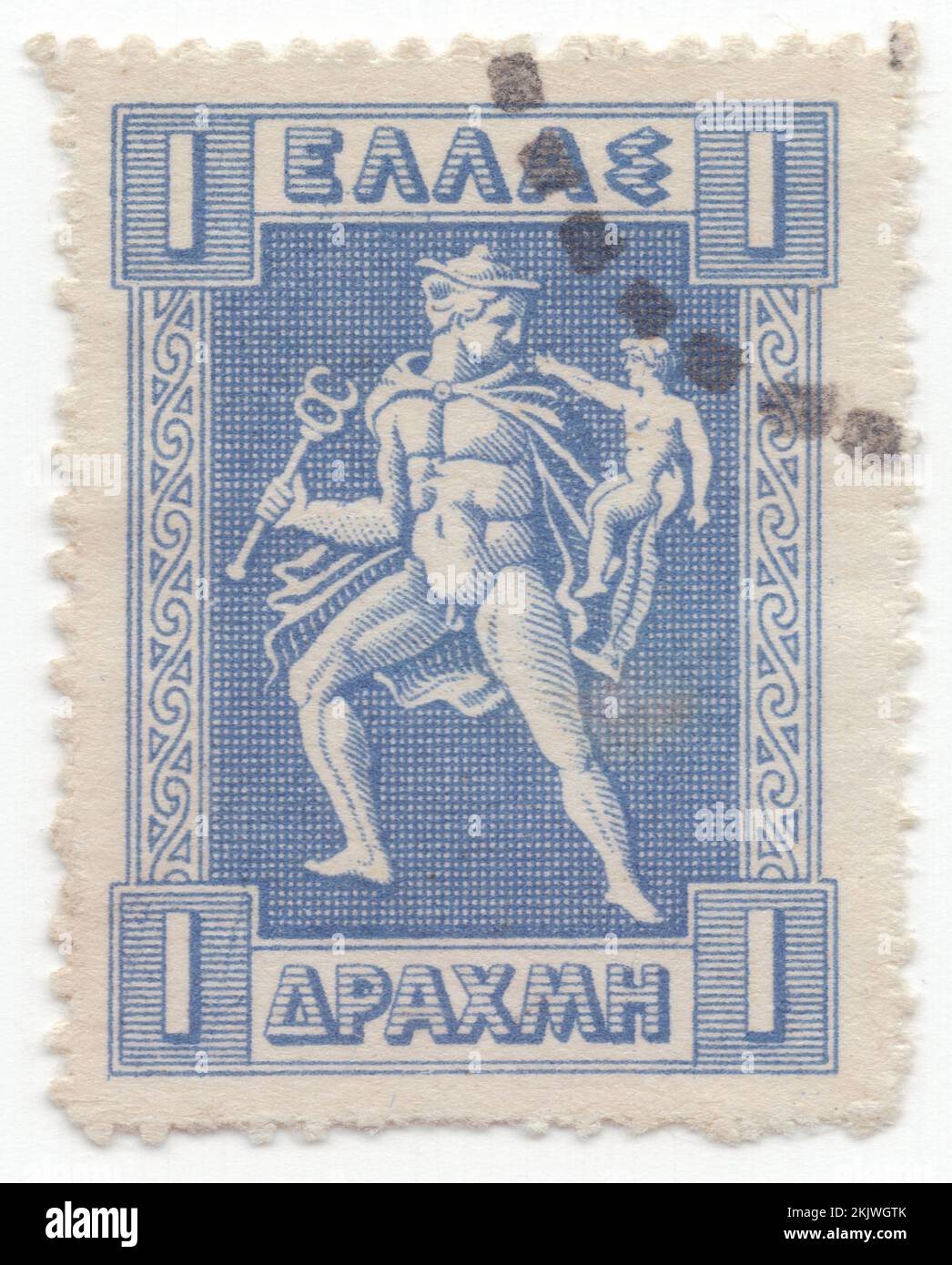 GRECIA - 1919: Un francobollo ultra dracma da 1 che raffigura un neonato portatore di Hermes. I disegni sono da Cretan e monete di Arcadian del 4th ° secolo, a.C., divinità olimpica nella religione greca antica e mitologia. Membro delle dodici Olimpiadi. Hermes è considerato l'araldo degli dei. È anche considerato il protettore di araldi umani, viaggiatori, ladri, mercanti e oratori. Egli è in grado di muoversi rapidamente e liberamente tra i mondi del mortale e del divino, aiutato dai suoi sandali alati. Hermes gioca il ruolo dello psychopomp o "guida allo spirito", un direttore d'anime nell'aldilà Foto Stock