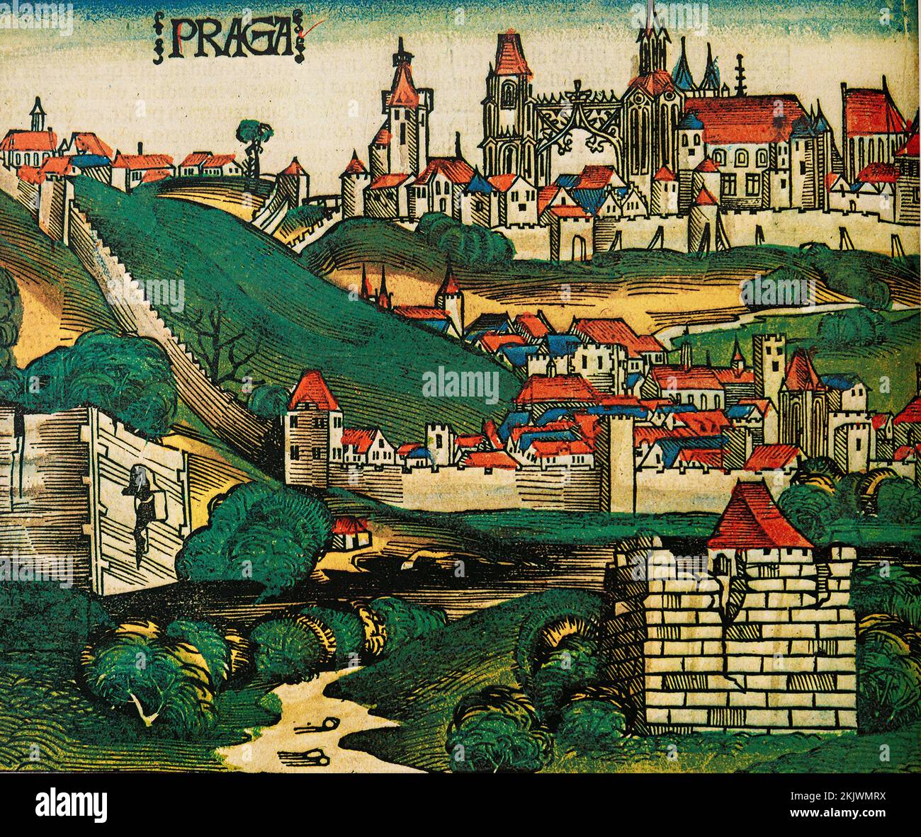 Vista della città di Praga. Incisione di Chronicles di Shartmann Schedel. La pubblicazione è diventata la prima Enciclopedia Mondiale su Storia e Geografia Illustrazione Foto Stock