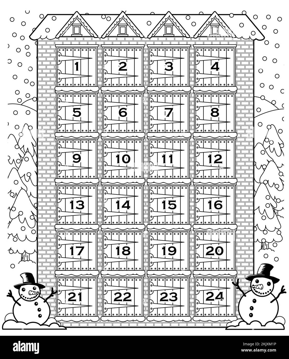 Arte: Modello di Natale per una stampa a casa, colore nel calendario dell'avvento, 24 finestre su un blocco di appartamenti, finestre possono essere ritagliate e regali posti dietro Foto Stock