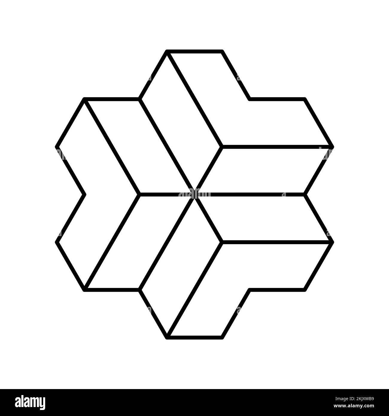 Logo lineare con tre frecce 3D. Modello di logotipo geometrico LLL. Le punte delle frecce si incontrano nel mezzo. Direzione centrale. Elementi di forma poligonale. Illustrazione Vettoriale