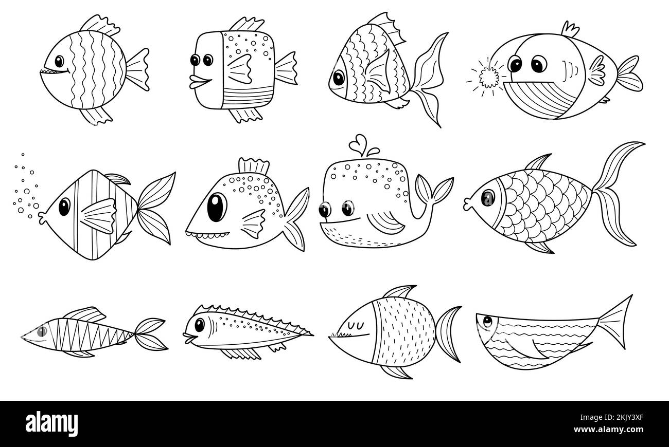 Set di pesce fumetto disegnato a mano. Simpatico divertente pesce astratto per bambini libro da colorare. Illustrazione in bianco e nero vettoriale isolata su sfondo bianco Illustrazione Vettoriale