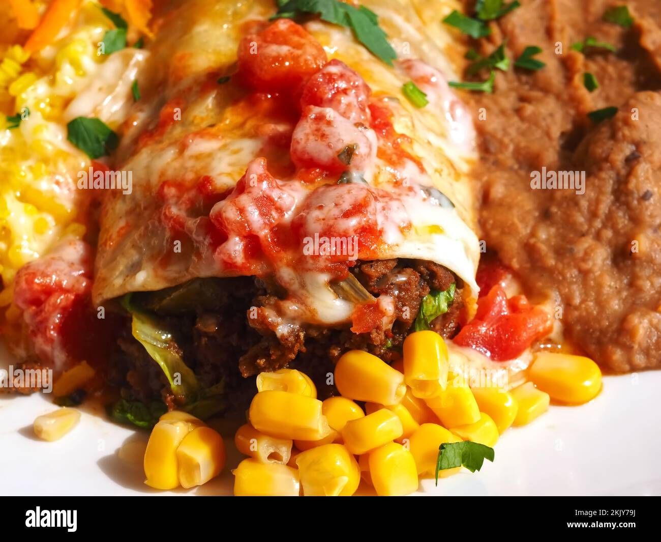 burritos messicani con fagioli neri e riso Foto Stock