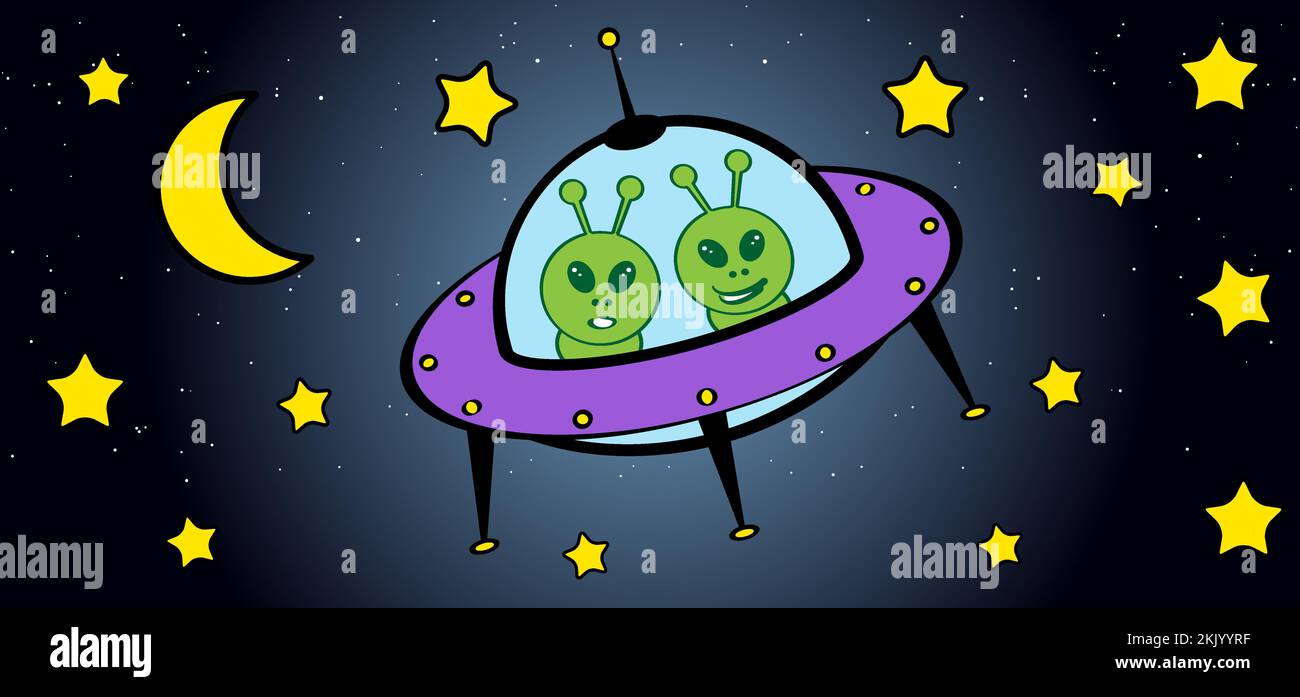 UFO volo astronave di alieni. Per il mondo UFO giorno. Cartoon piattino volante. Astronavi alieni vettoriali. Oggetto volante futuristico sconosciuto. Logo della nave spaziale o Foto Stock