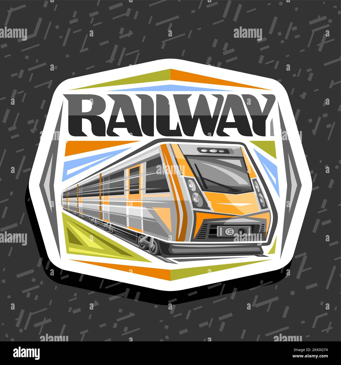 Logo vettoriale per Ferrovia, cartellone decorativo bianco con illustrazione di treno arancione che scorre in treno, etichetta industriale con lettera a pennello unica Illustrazione Vettoriale