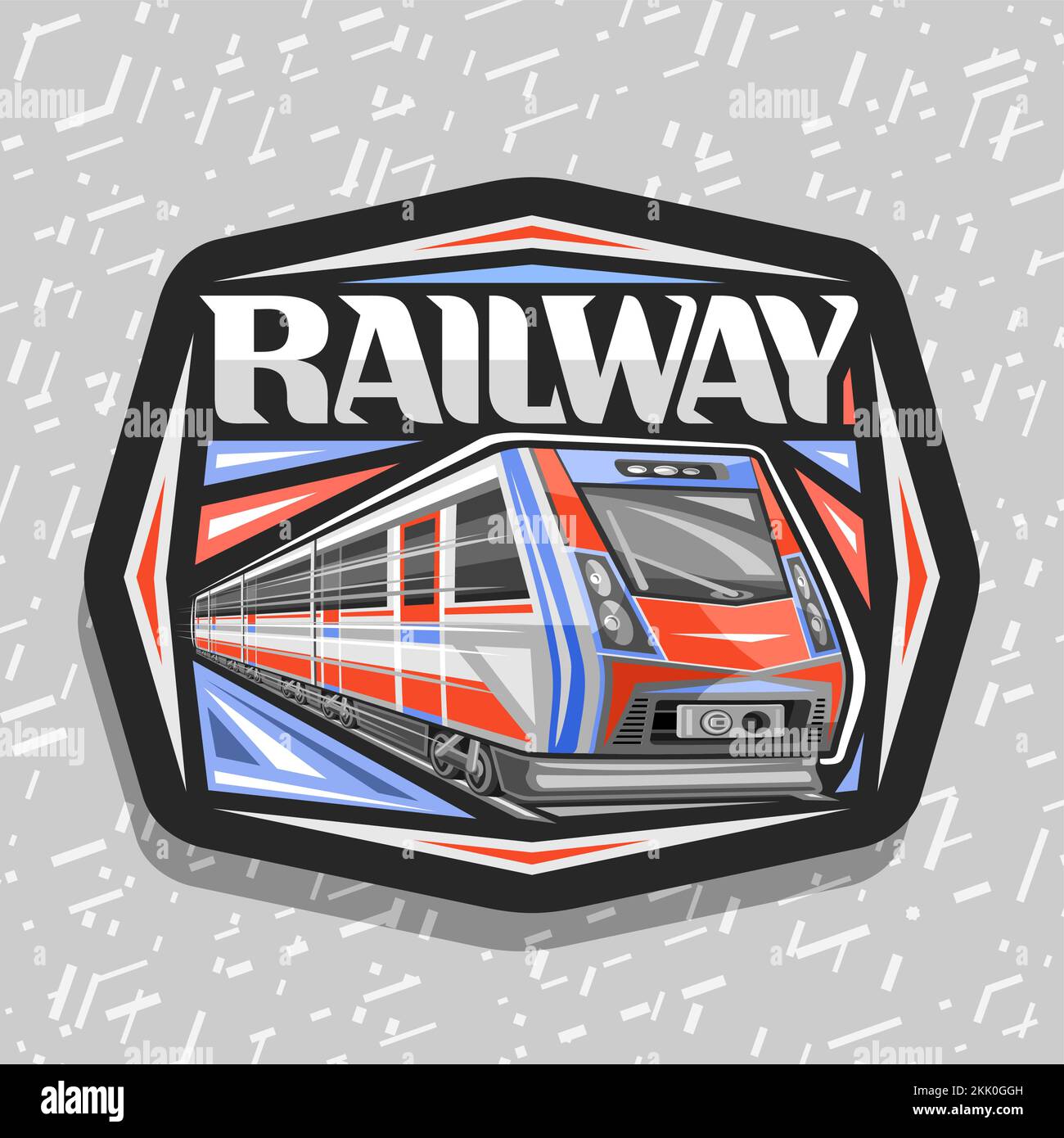 Logo vettoriale per Ferrovia, cartellone decorativo nero con illustrazione del treno urbano rosso che scorre in treno, etichetta di spedizione con pennello unico letteri Illustrazione Vettoriale