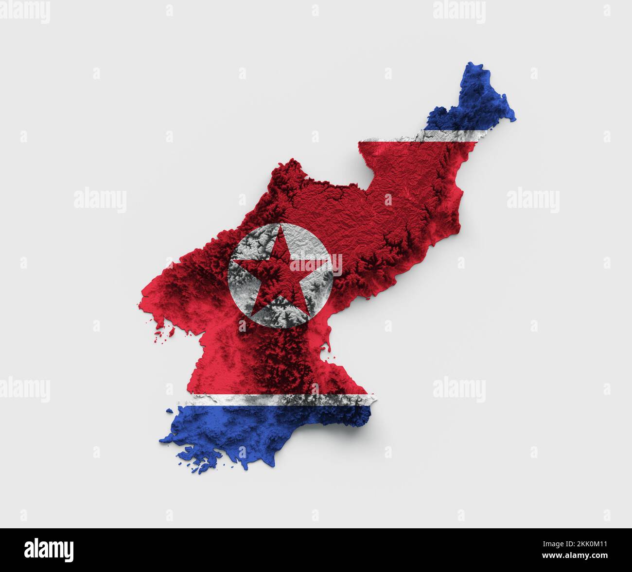 La Corea del Nord Mappa Bandiera rilievo ombreggiato colore altezza mappa su sfondo bianco Foto Stock