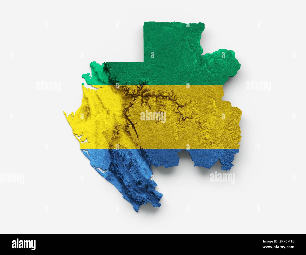 La mappa Gabon Mappa Bandiera rilievo ombreggiato colore altezza mappa su sfondo bianco Foto Stock