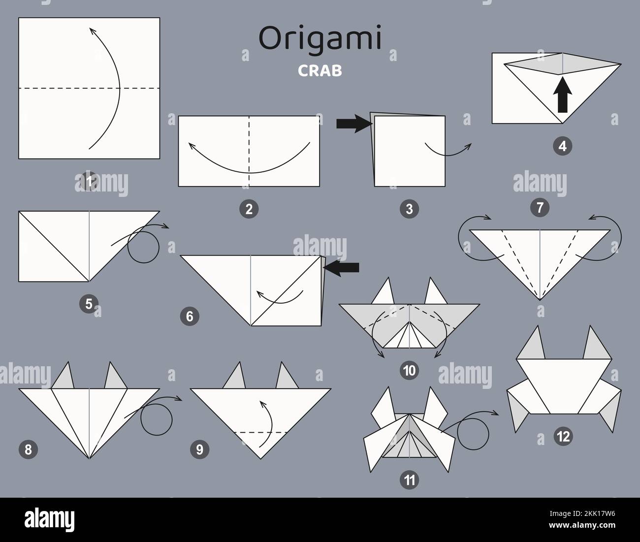 Tutorial Origami. Schema Origami per bambini. Granchio. Illustrazione Vettoriale