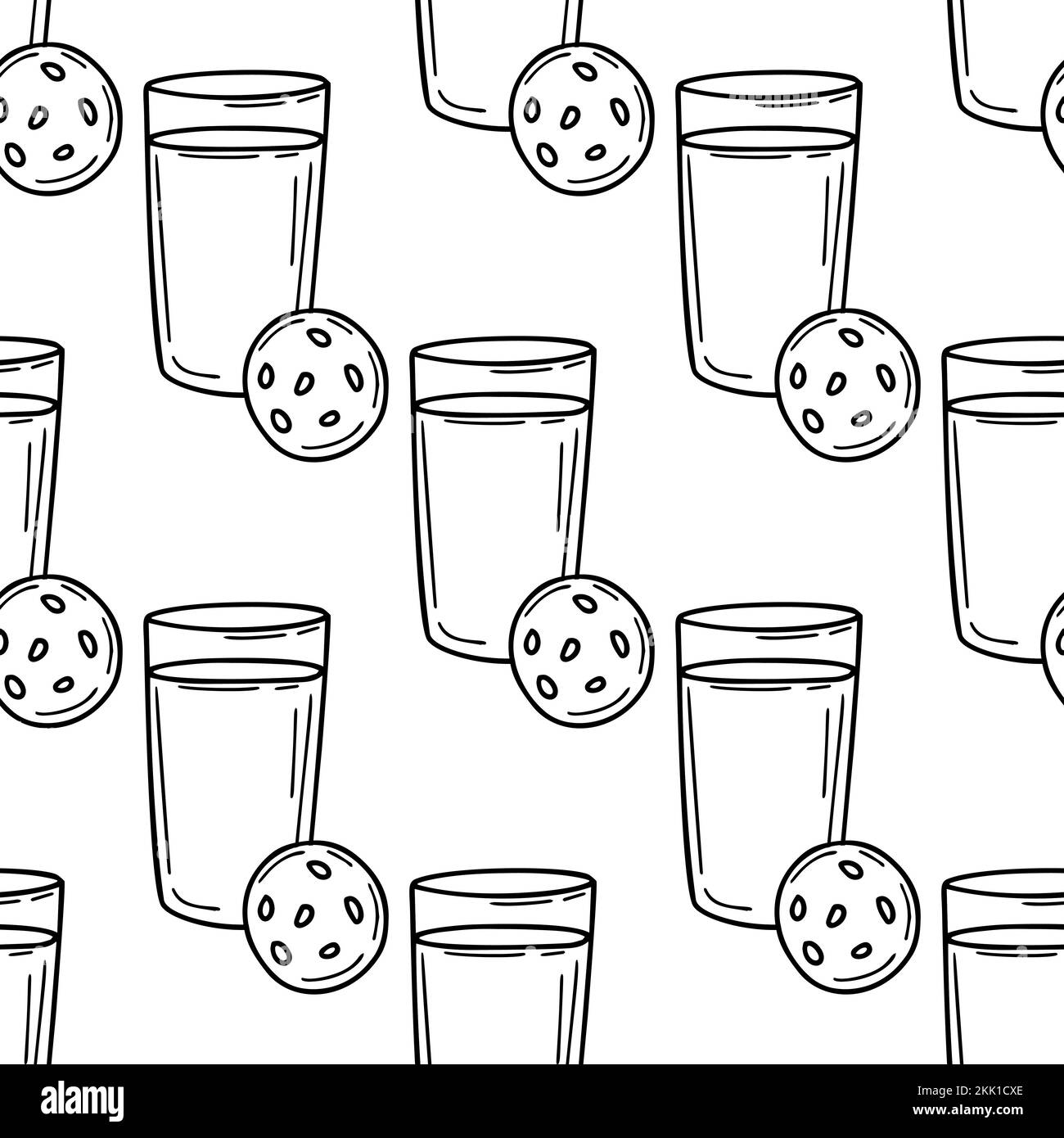 Motivo senza cuciture con illustrazione di un bicchiere di latte e biscotti in stile doodle Illustrazione Vettoriale