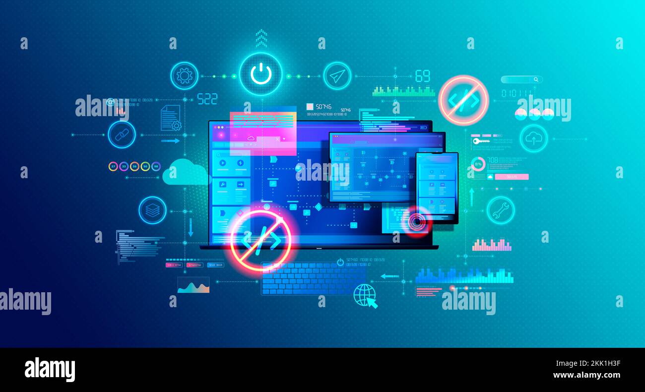 Piattaforme di sviluppo a codice basso e senza codice - LCDP e NCDP - sviluppo di software mediante interfacce grafiche - Illustrazione concettuale Foto Stock