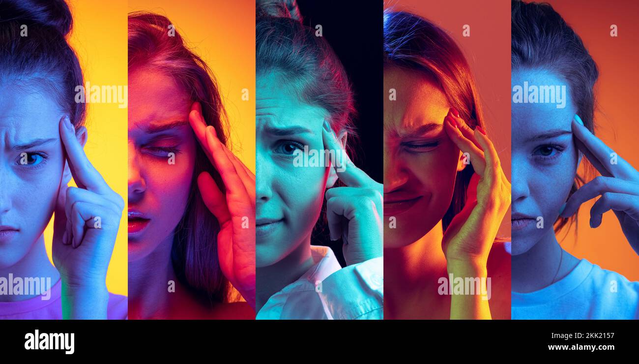 Ritratti corti di giovani donne che hanno mal di testa isolato su sfondo multicolore in luce al neon. Collage composto da 5 modelli che guardano la fotocamera. Foto Stock