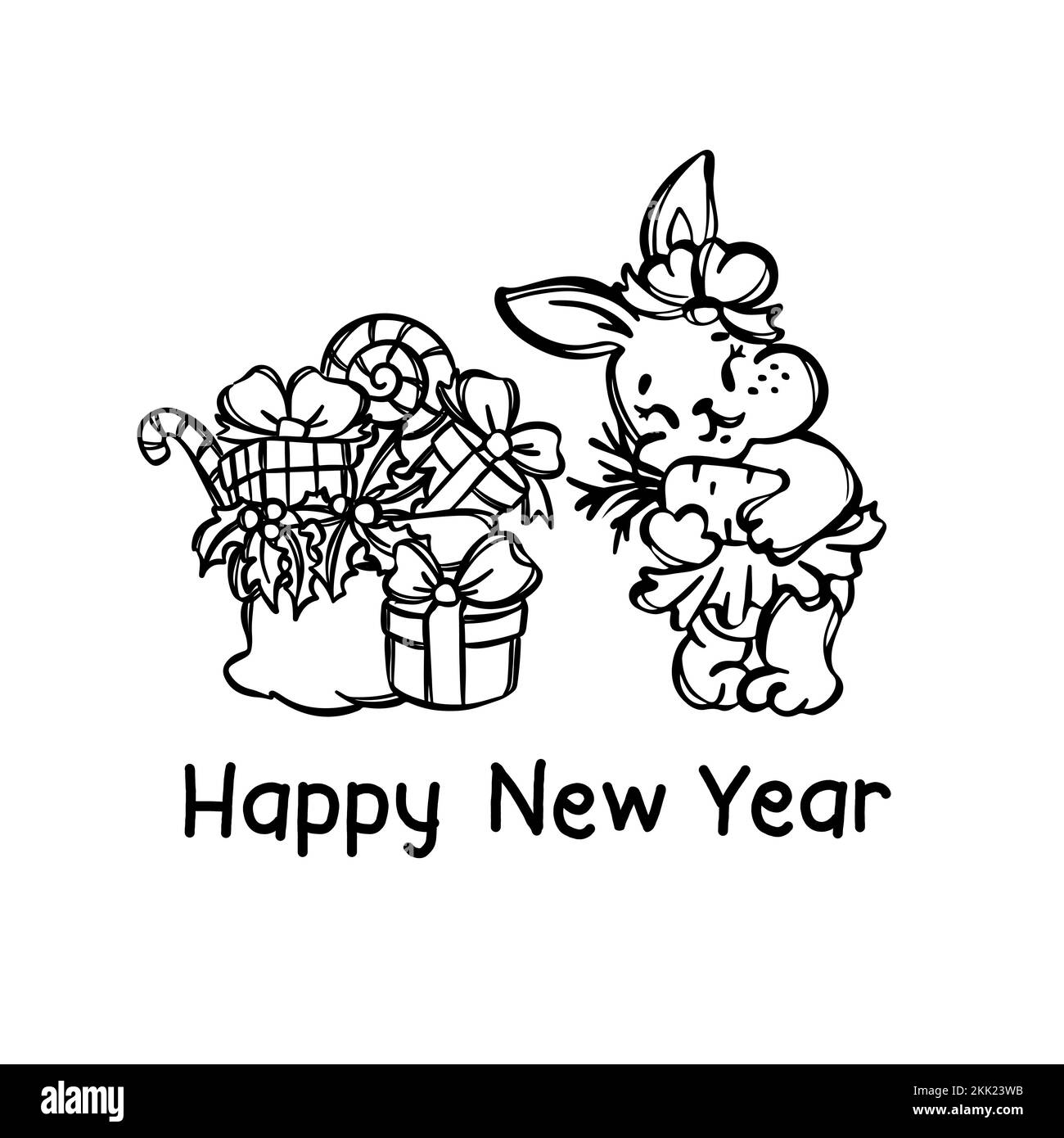 FELICE ANNO NUOVO LINEA CARTA monocromatico immagine con congratulazioni testo carino coniglio abbracci ragazza carota regali di vacanza in scatole e dolci Cartoon Natale Illustrazione Vettoriale