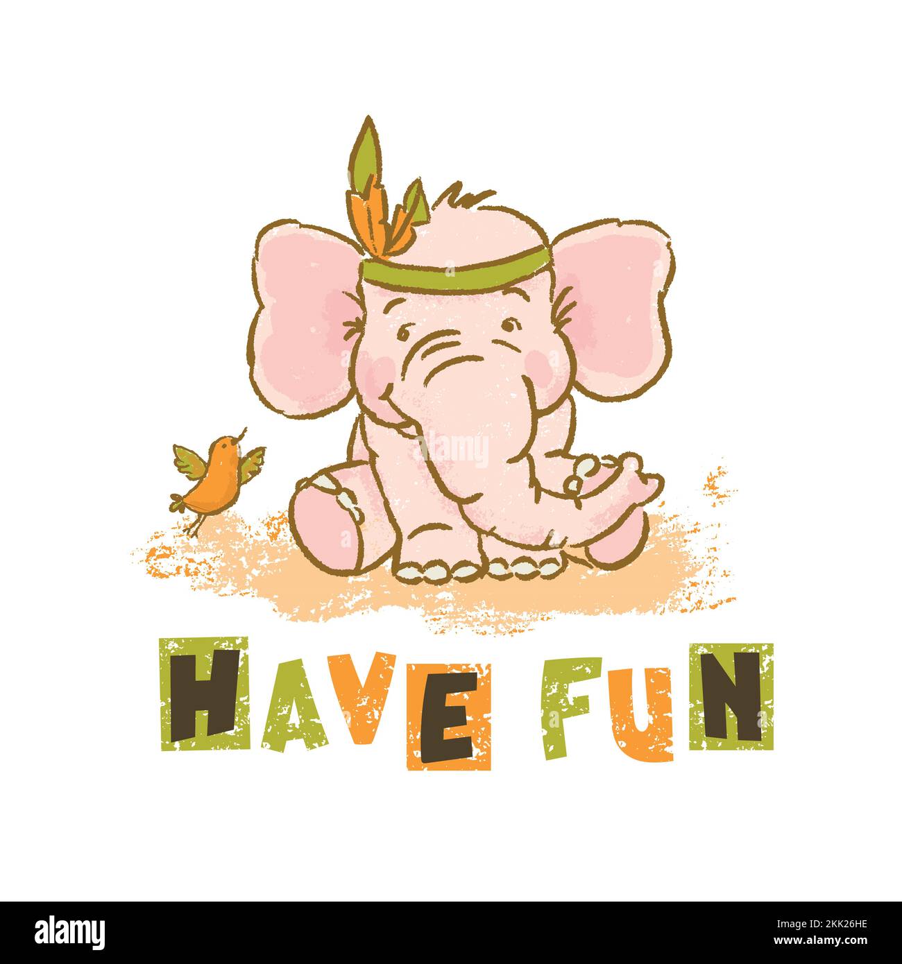 BUON DIVERTIMENTO Cartoon Safari Elephant Comic Animal Hand Drawed Vector Illustration Card for Print Illustrazione Vettoriale