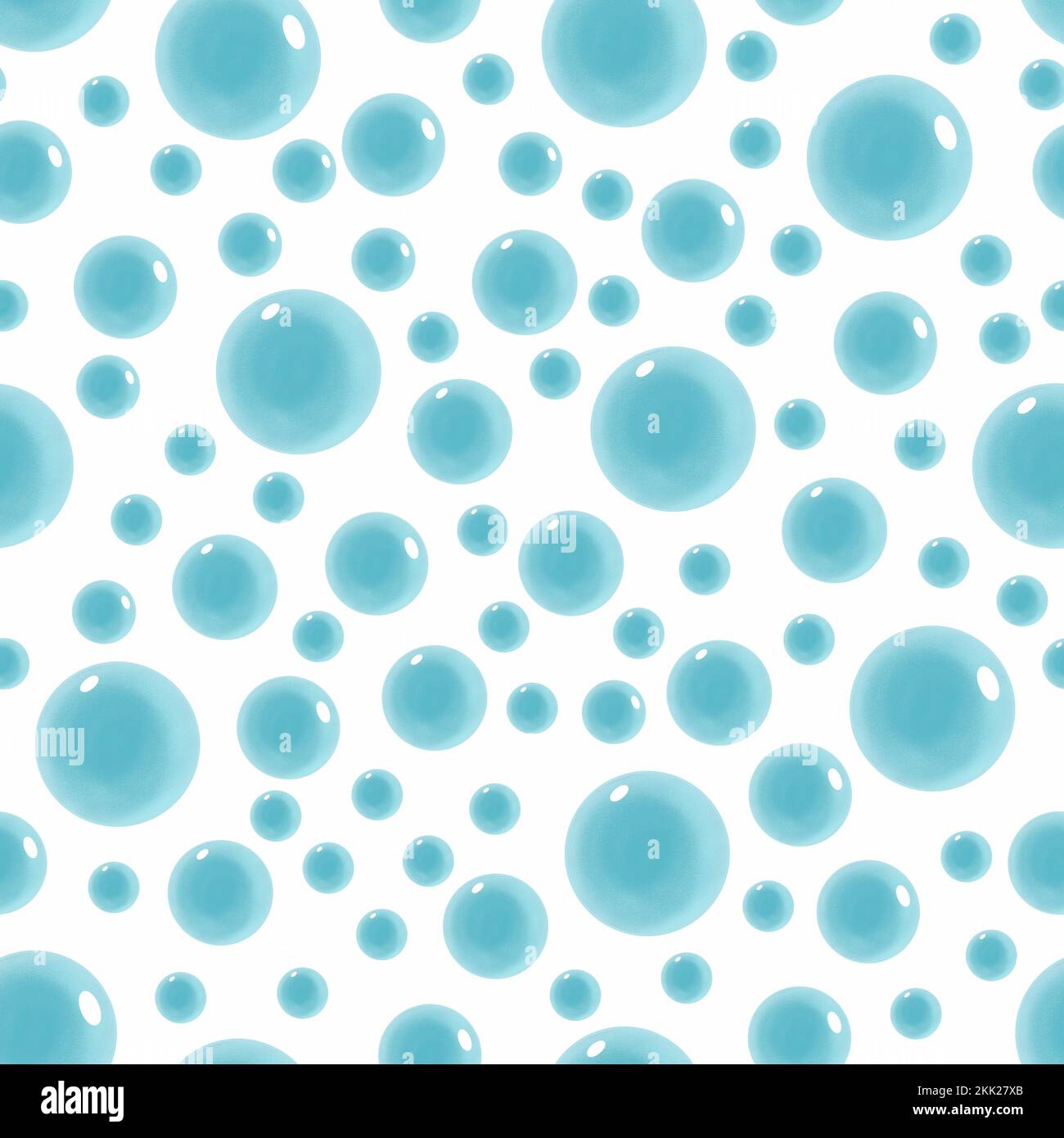 Bolle d'acqua blu senza cuciture. Schiuma di sapone, bevanda frizzante. Gocce rotonde isolate su sfondo bianco. Immagine raster. Foto Stock