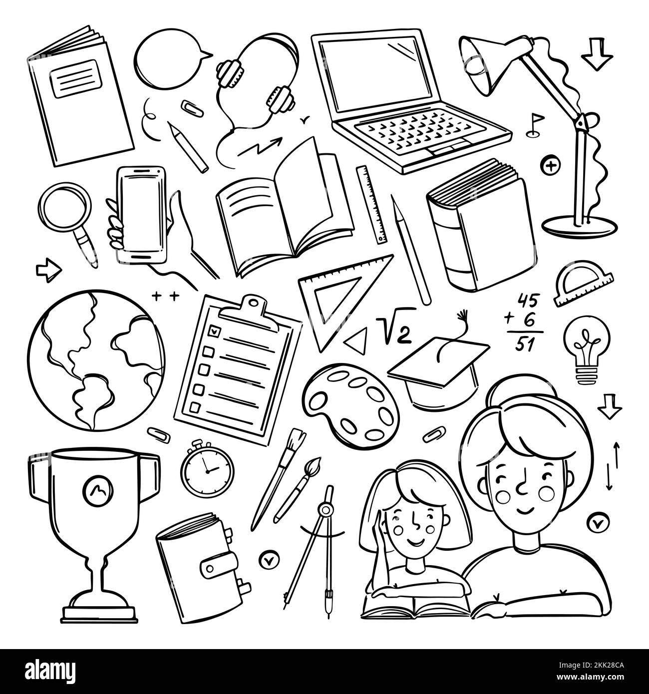 HOME SCOLARIZZAZIONE MONOCROMATICO mano disegnata Vector Collection varie forniture scolastiche per l'apprendimento in linea di concetto degli studenti su Internet in stile Doodle Illustrazione Vettoriale
