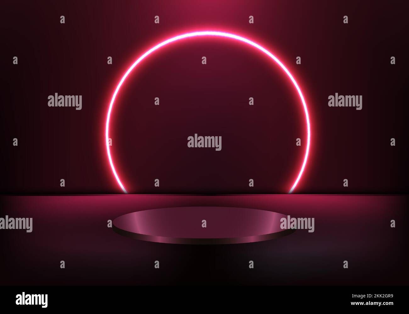 Piedistallo da podio realistico da 3D mm con faretto luminoso e display vuoto sfondo cerchio chiaro al neon rosso su sfondo scuro. Puoi usare per mockup cosmetic p Illustrazione Vettoriale