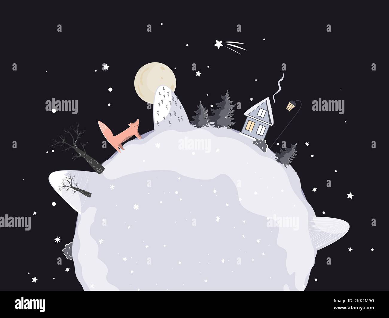 Doodle Winter Planet con un posto per il testo di saluto. Grazioso piccolo pianeta natale con una volpe, casa e tress. Carta di Natale e Capodanno. Vettore Illustrazione Vettoriale