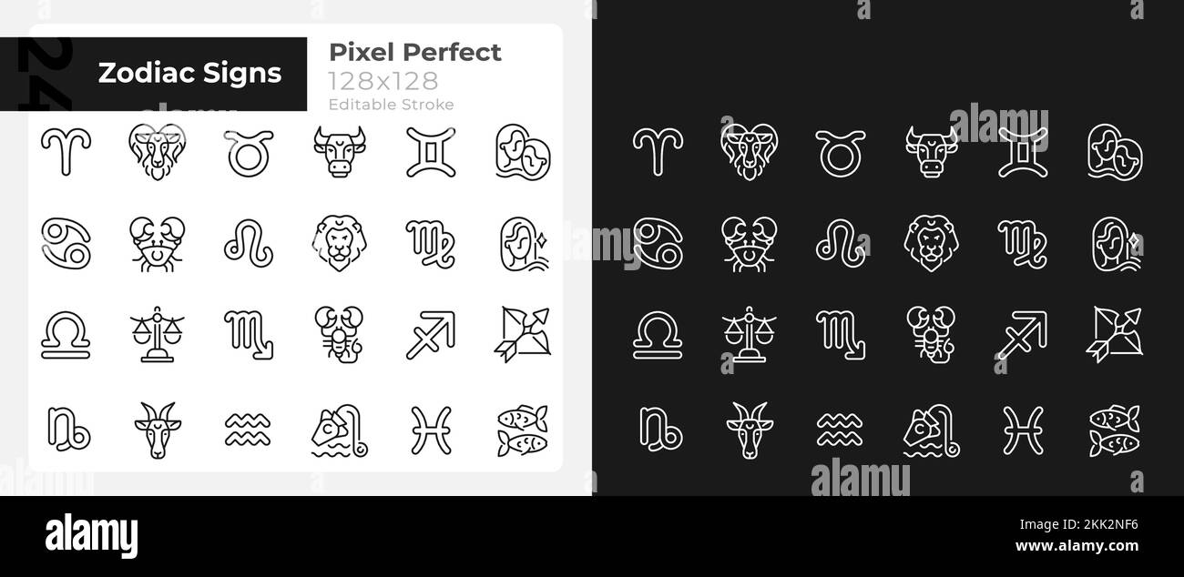 Zodiac segni pixel perfecr lineari grandi icone impostate per la modalità scura e chiara Illustrazione Vettoriale