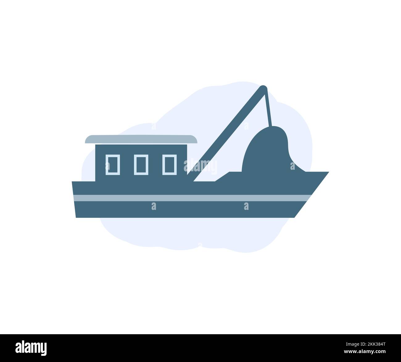 Piccola barca da pesca in mare. Gabbiani e nave, nave sul disegno di marchio di acqua. Disegno e illustrazione del vettore di trasporto della nave piatta di pesca. Illustrazione Vettoriale